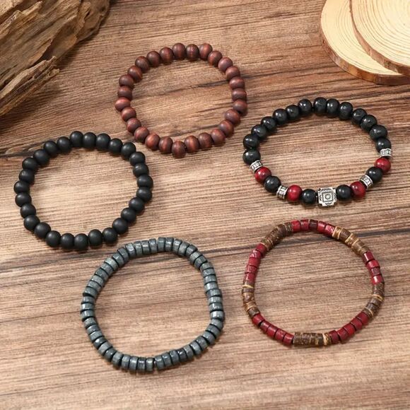 5pcs Red and Black Beads Coconut Shell Bracelets – Unisex - Picture 3 of 3